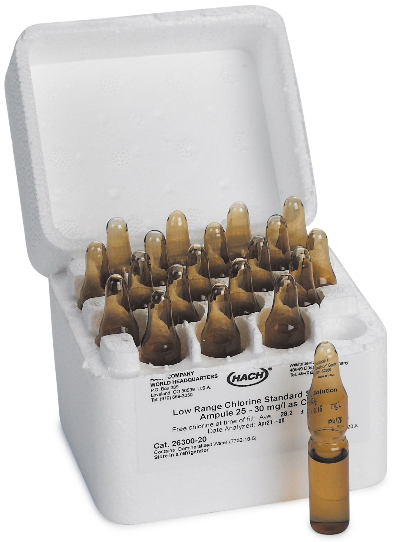 Primary Chlorine Standard Solution, 50 - 75 mg/L Cl₂, pk/20 - 2 mL PourRite Ampules