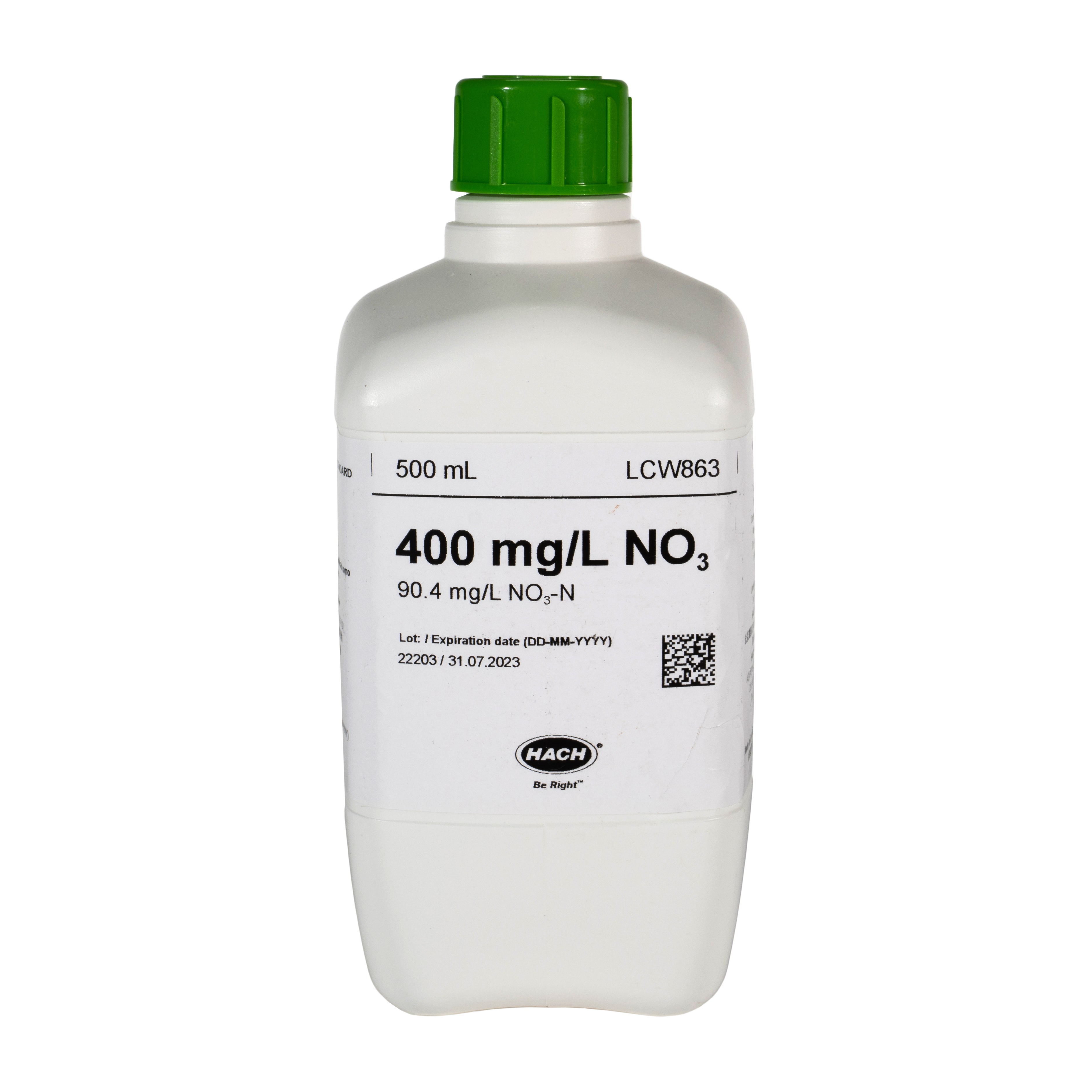 Nitrate standard, 400 mg/L NO₃ (90.4 mg/L NO₃-N), 500 mL